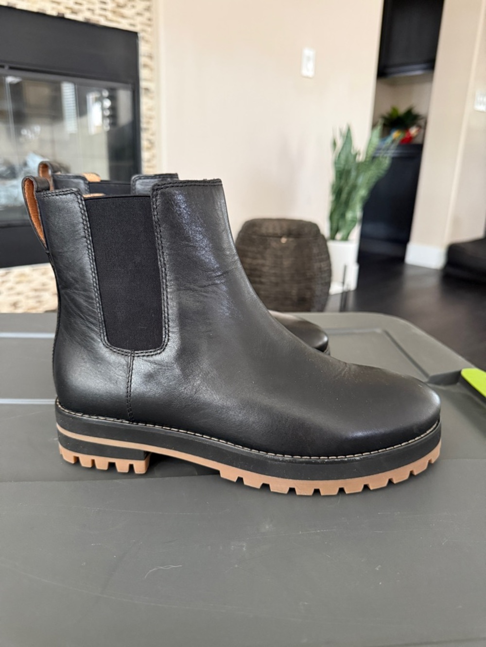 Madewell Black Leather Chelsea Boot with Tan Lug Sole